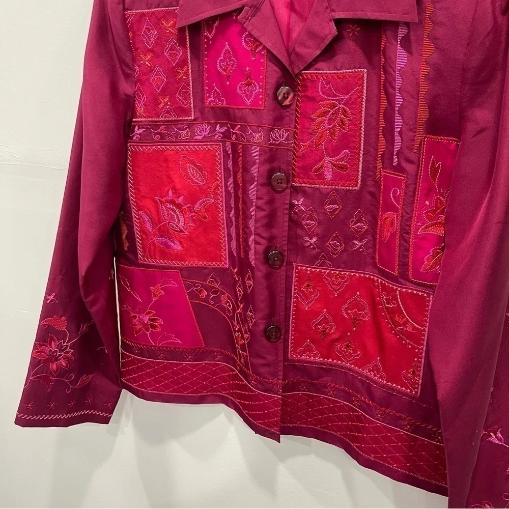 Coldwater Creek Barbie Pink Patchwork Silk Button Front Jacket Small